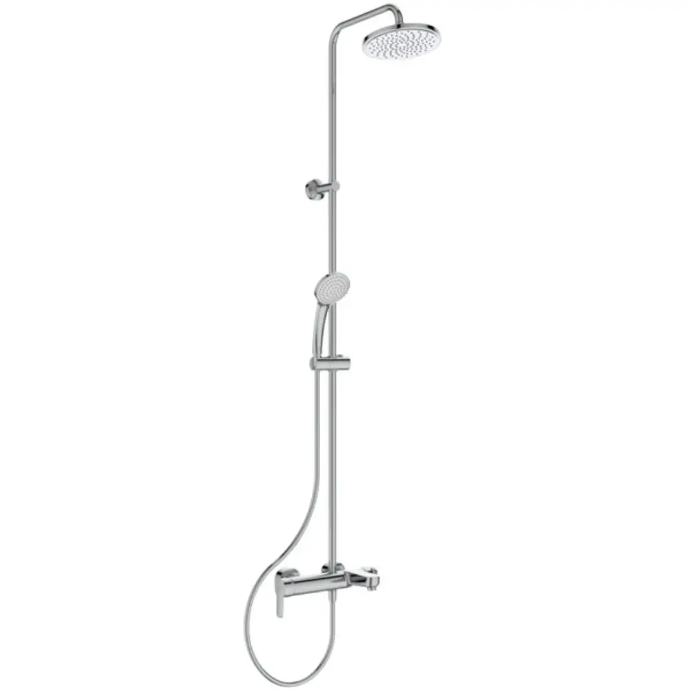 Duschsystem von Ideal Standard mit einer Hauptdusche oben und einer Handbrause, verbunden durch eine flexible Schlauchleitung und einer chromierten Armatur.